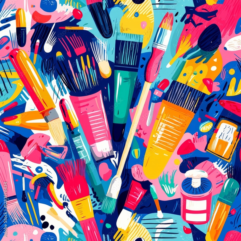 Poster palette of creativity: a vibrant explosion of artistic tools, brushes and paints in a seamless array