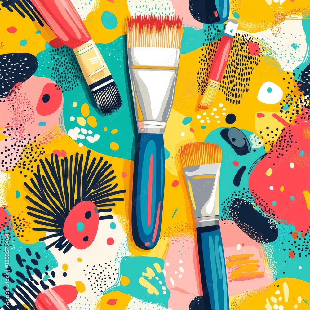 Poster brushstrokes of creativity: a vibrant illustration showcasing an array of paint brushes and colorful