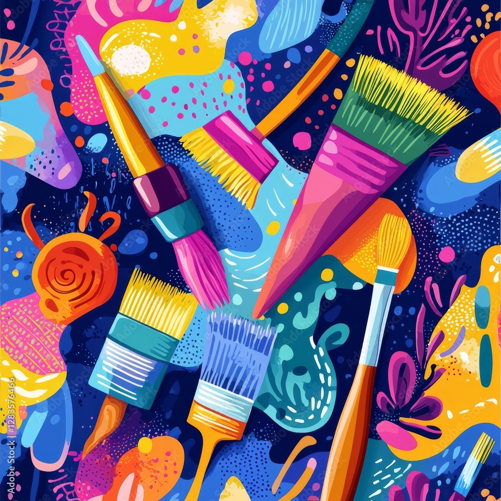 Poster artistic burst: a vibrant artistic composition showcasing an array of paintbrushes, palettes, and co