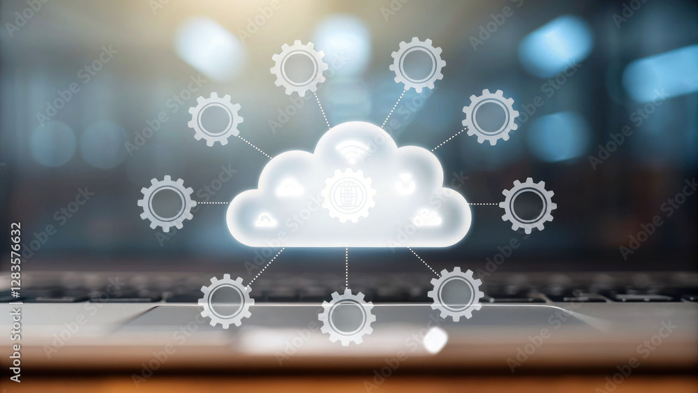 Aufkleber cloud technology with gears and icons representing connectivity and data management