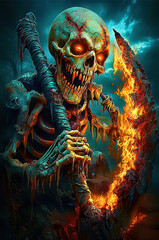 Monstrous demon emerges, a horror creature in dark fantasy. Ancient Reaper Infused with Necrotic Power in Dark Environment