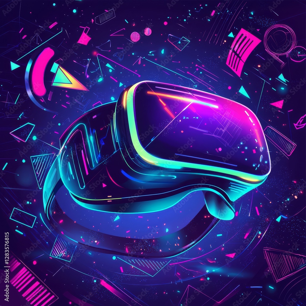 Poster immersive tech: a virtual reality headset glowing with neon light, surrounded by a vibrant display o
