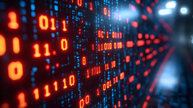 Digital Matrix: A vibrant visualization of binary code streams across a glowing digital landscape, representing the flow of information in a modern technological context. - Powered by Adobe