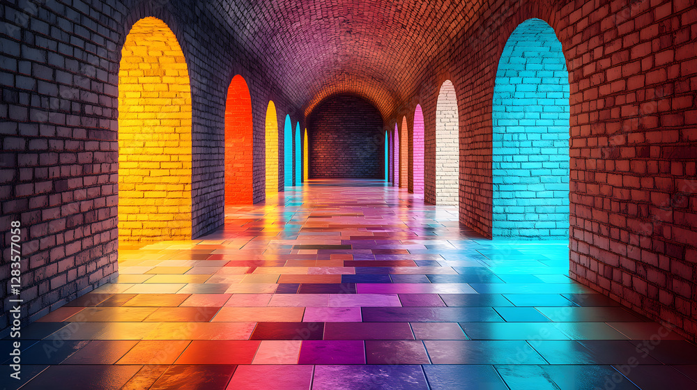 Poster chromatic passage: a mesmerizing view of an arched corridor with vibrantly colored openings, casting