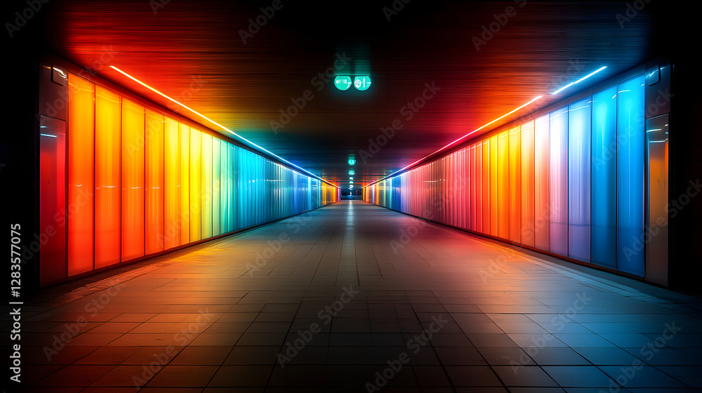 Poster neon rainbow tunnel: a mesmerizing perspective of a tunnel illuminated by a vibrant gradient of neon