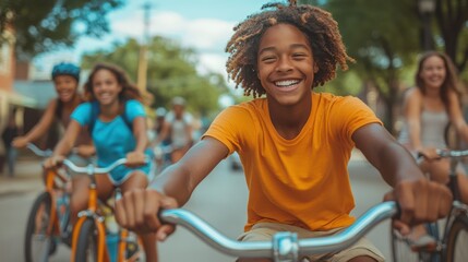 Obraz premium Joyful teens bike ride, summer street
