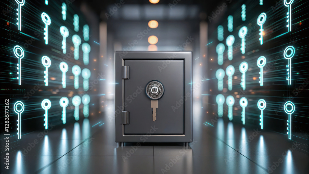 Poster secure safe surrounded by digital keys and holographic firewalls, symbolizing cybersecurity and data