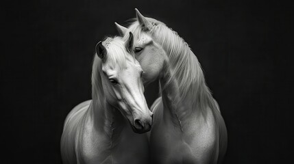 Graceful white horses in black and white embrace