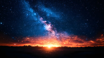 Celestial Sunrise: A breathtaking panoramic view of the cosmos unfolds as a vibrant sunrise casts its golden and crimson hues against a backdrop of the Milky Way and a sea of twinkling stars.