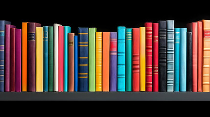 Fototapeta premium Colorful Books Arranged Neatly on Dark Shelf Isolated Against Black Background