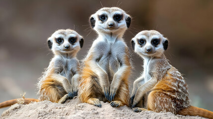 Three Alert Meerkats Sitting Together in Warm Brown Hues on Sandy Surface