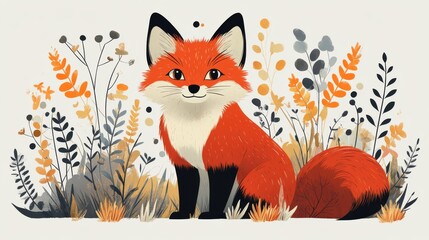 Cute Fox Illustration with Floral Elements in Vibrant Colors