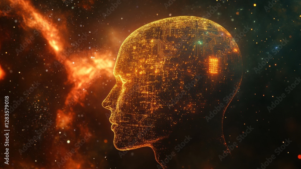 Leinwandbilder silhouette of a human head showcasing glowing quantum circuits and elements of quantum computing in 