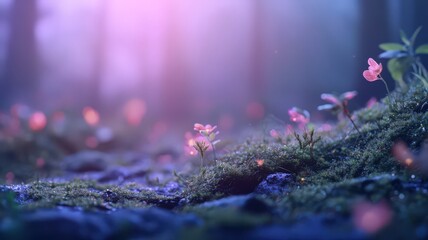Glowing Pink Flowers and Sparkling Moss in a Magical Forest at Dawn