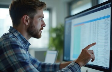 manager reviews system logs on desktop screen, performance review, assessment. Man inspects system, monitor response, check application compliance, service improvement, governance, incident report,