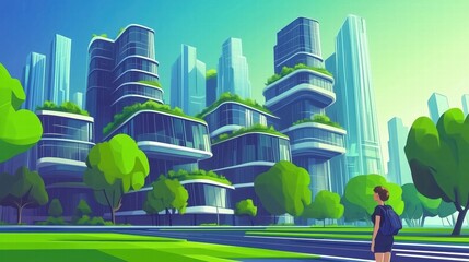 The city of the future with solar panels and vegetation. Cartoon style