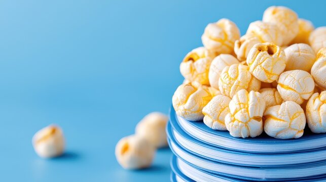 Buttery popcorn in blue bowl, blue background, snack