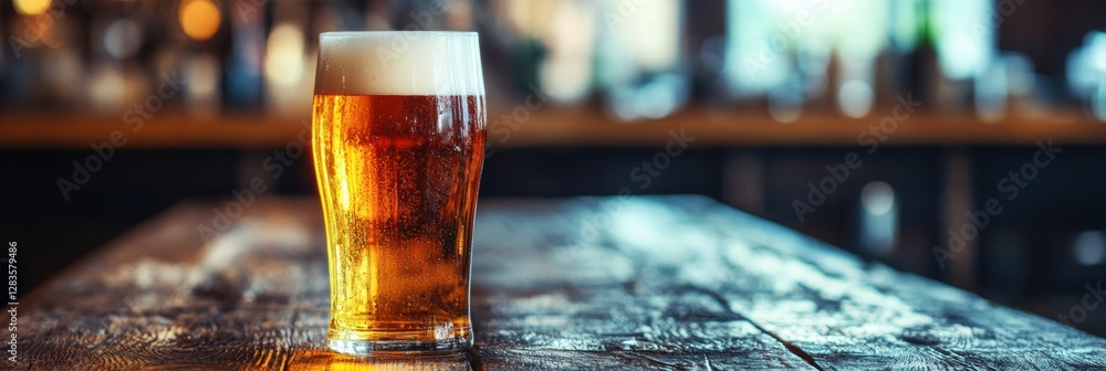 Poster refreshing golden beer served in a glass on a rustic wooden table inside a cozy bar during evening h