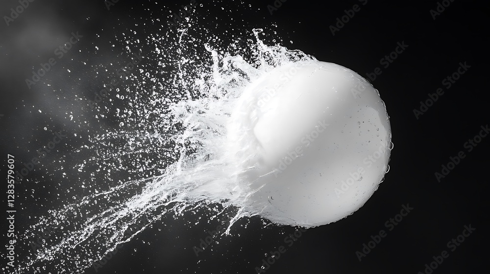 Poster sphere breaking with splashing water against black background creating dynamic effect