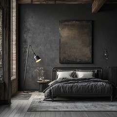 Bedroom Interior with Dark Walls and Metal Bed Frame with Lamp and Wall Art Modern