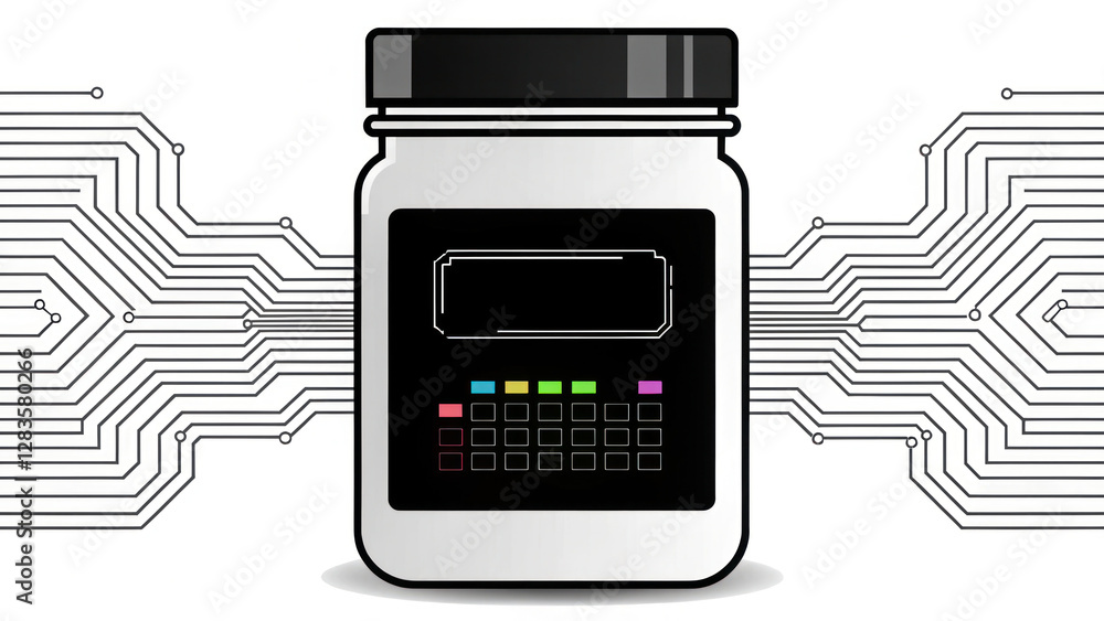 Poster high tech savings jar with pixelated coins and circuit design