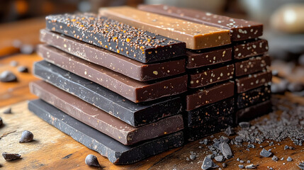 Artisan Chocolate Bars Stacked: An inviting shot of stacked, assorted artisan chocolate bars, showcasing their rich textures and flavors. From dark to milk and various inclusions.