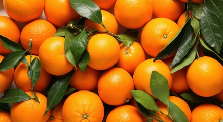 Tangerines with leaves as background, top view. Fresh citrus fruits