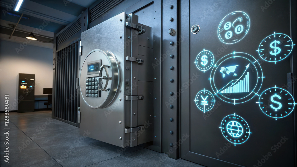 Poster high tech vault door with digital keypad and financial graphics. secure storage