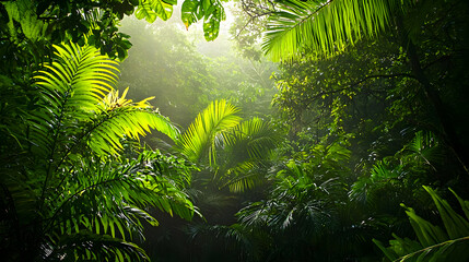 Fototapeta premium Lush Green Forest Canopy with Bright Sunlight Streaming Through Leaves