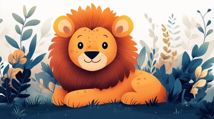 Cute Cartoon Lion Illustration Surrounded by Colorful Foliage