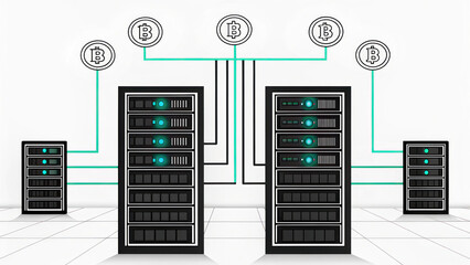 Digital server room with cryptocurrency connections and data flow