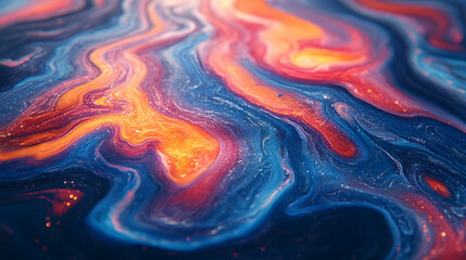 Abstract Swirls of Color: Captivating liquid art showcases a mesmerizing dance of vibrant blues, fiery oranges, and deep reds, blending and swirling to create a stunning display of texture and depth.