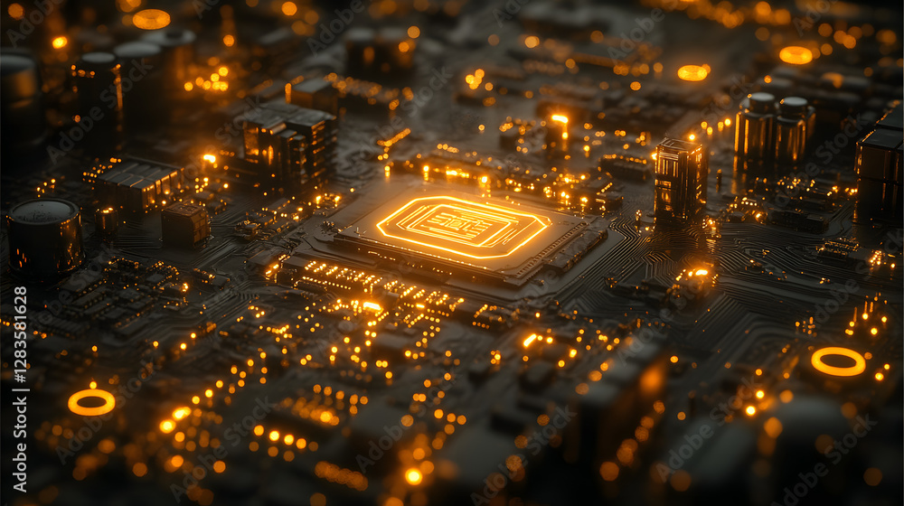Poster illuminated circuit board: an intricate circuit board glows with a mesmerizing golden light, showcas