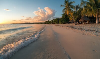 Golden Sunset Over a Tropical Beach with Palm Trees