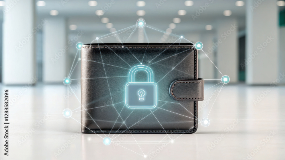 Poster digital wallet with secure lock symbol, representing safety and technology
