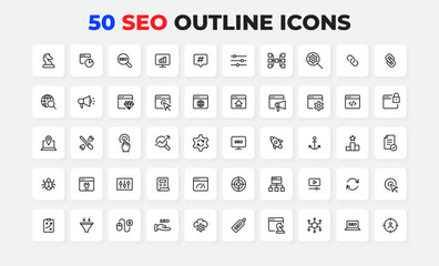 SEO outline icons featuring tools and concepts for web and marketing development. Perfect for digital presentations, websites, and graphic design. Icons are modern and minimalist