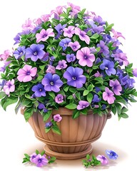 Flowers in a pot display vibrant blooms and lush foliage