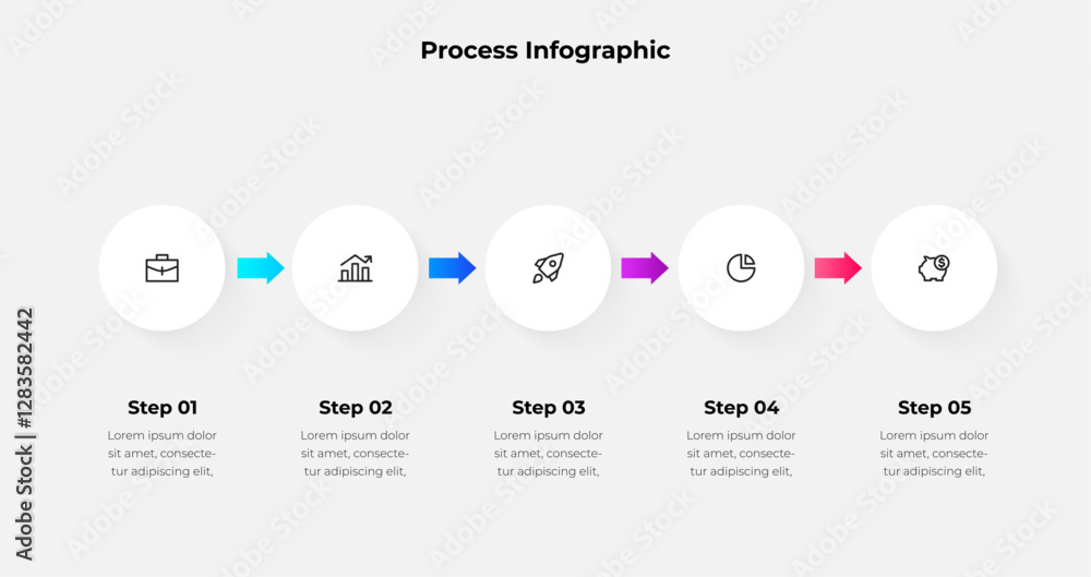 Poster infographic five steps business process. the design integrates minimalistic icons and vibrant arrows