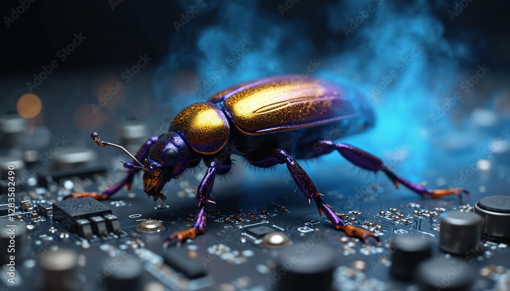 Poster beetle destroys computer circuit board. concept of computer virus, malicious software. bug crawls ov