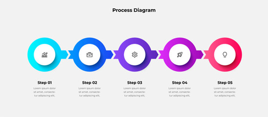 Colorful Process Diagram with Five Steps and Icons for Business Presentations