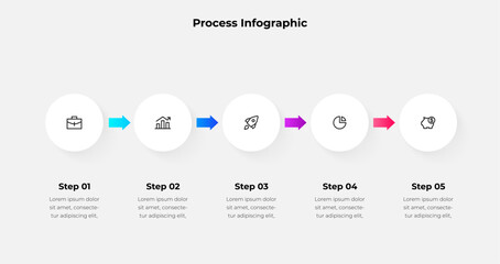 Infographic five steps business process. The design integrates minimalistic icons and vibrant arrows for a clean and modern presentation