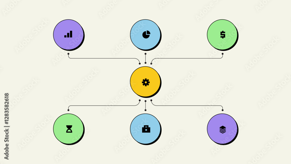 Poster illustration of interconnected colorful icons showcasing key business concepts, including analytics,