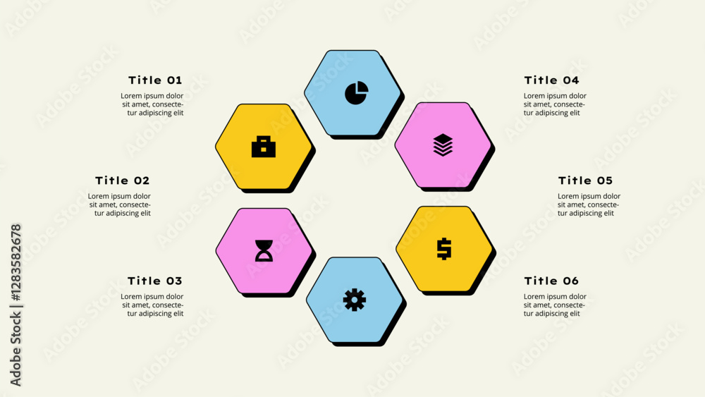 Poster neobrutalism infographic layout featuring interconnected hexagons with icons, ideal for business or 