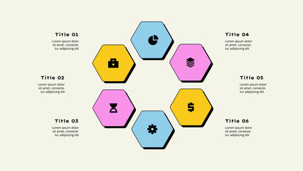 Neobrutalism infographic layout featuring interconnected hexagons with icons, ideal for business or process presentation purposes. Cycle diagram with 6 options, steps or processes
