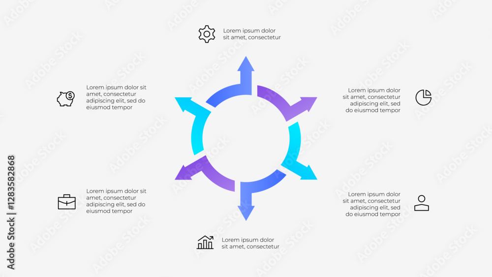 Aufkleber illustration of a circular infographic with 6 arrows. modern design with minimalist style highlighti