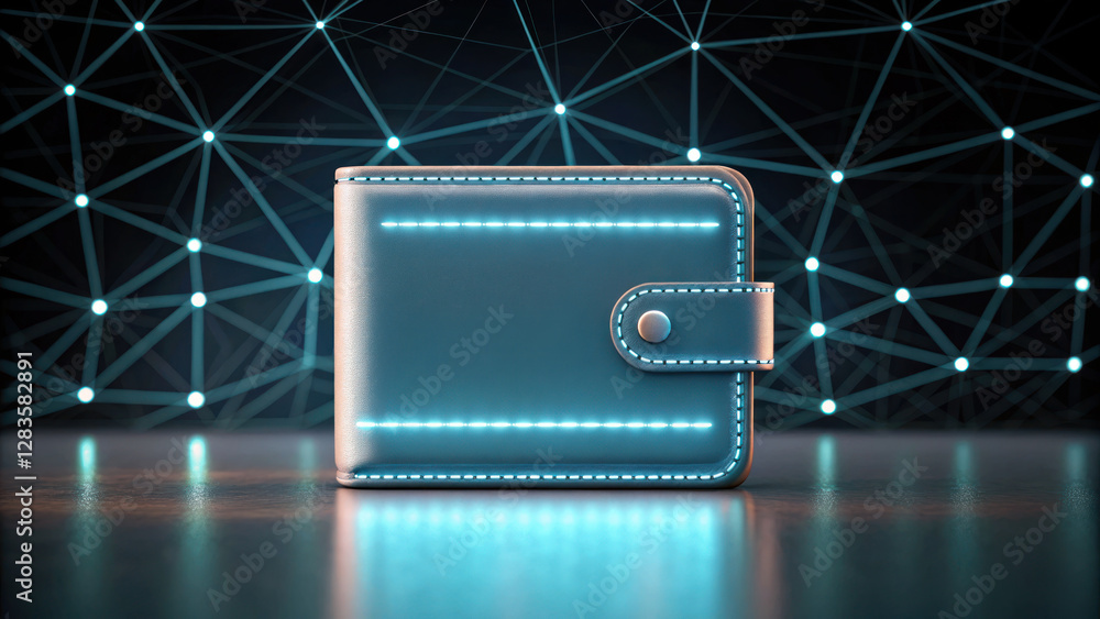 Poster digital wallet made of light and code, showcasing modern technology and design