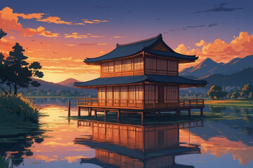Fototapeta premium Traditional houses by a serene lake reflecting mountains and Sunset Orange sky in anime style