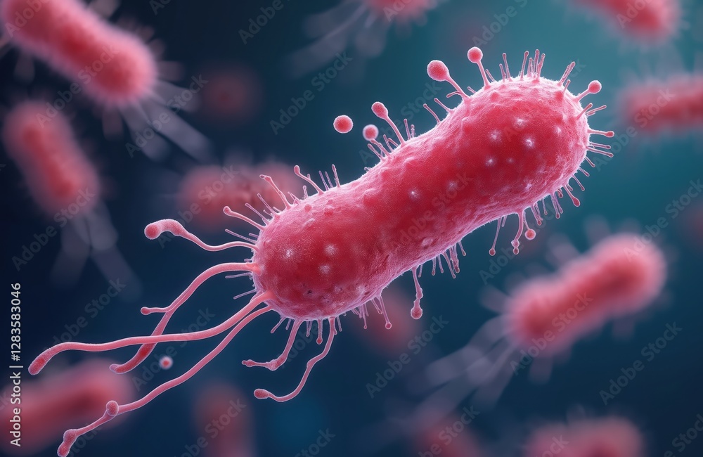 Poster macro photo of red neisseria gonorrhoeae bacterium which causes gonorrhea std, transmitted via vagin