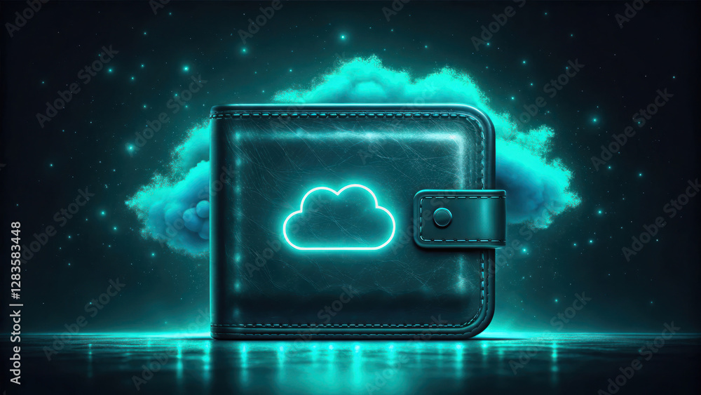 Poster digital wallet with glowing cloud background, symbolizing online transactions and security