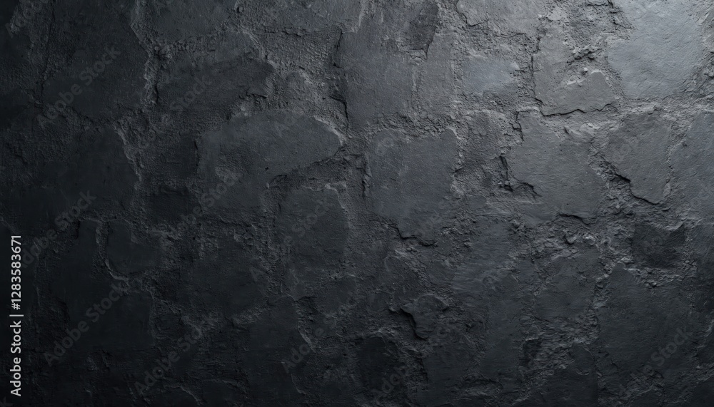 Poster Black stone background with copy space for header design. Concrete wall surface texture. Aged blackboard border with distressed, grunge effect. Rough structure weathered by time. Grimy industrial
